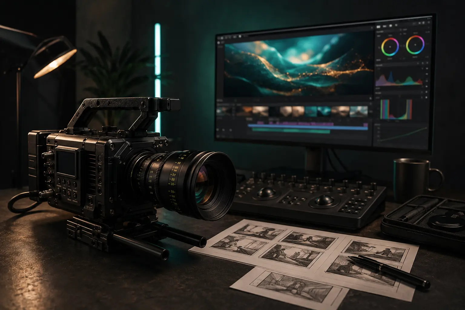 Marketing video production and editing workspace